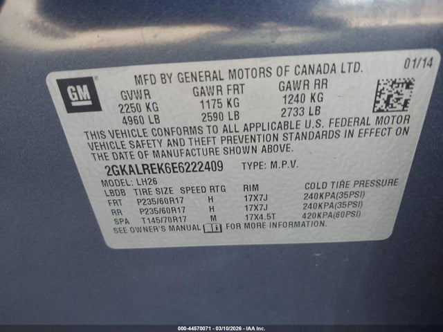 44570071 :رقم المزاد ، 2GKALREK6E6222409 vin ، 2014 Gmc Terrain Sle-2 مزاد بيع