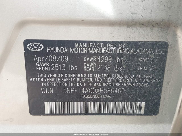 2010 Hyundai Sonata Gls მანქანა იყიდება აუქციონზე, vin: 5NPET4AC0AH586460, აუქციონის ნომერი: 44570082