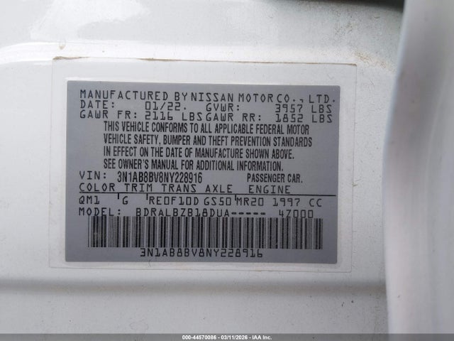 Nissan Sentra S Xtronic Cvt 2022 3N1AB8BV8NY228916 Image 9