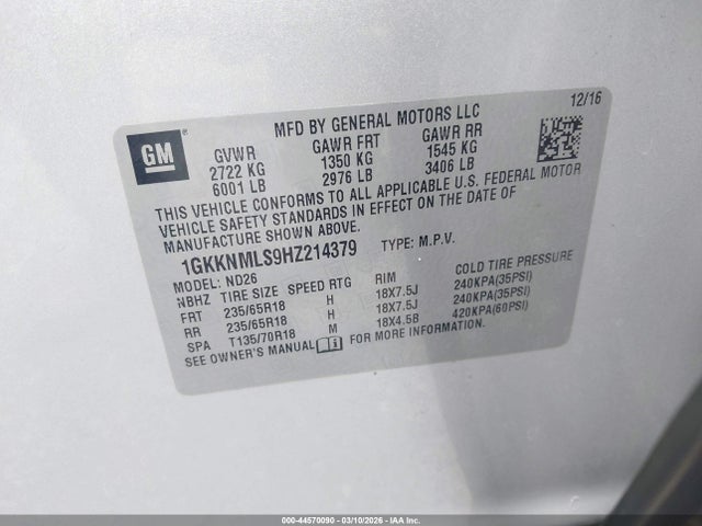 Продажа на аукционе авто 2017 Gmc Acadia Slt-1, vin: 1GKKNMLS9HZ214379, номер лота: 44570090