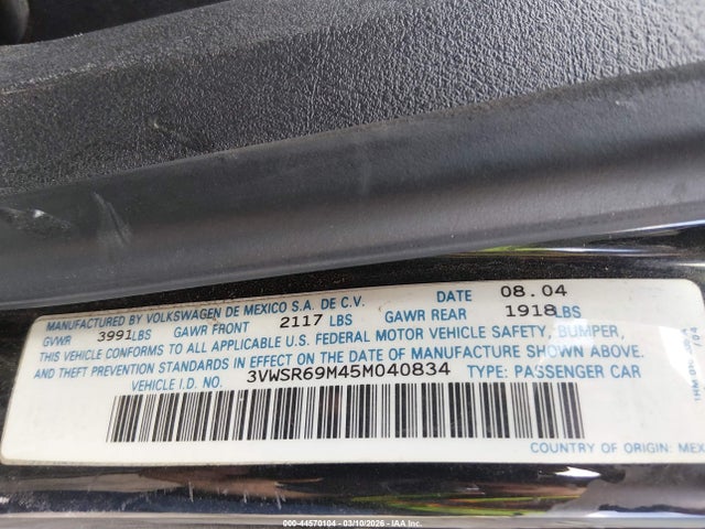 2005 Volkswagen Jetta Gls Tdi მანქანა იყიდება აუქციონზე, vin: 3VWSR69M45M040834, აუქციონის ნომერი: 44570104