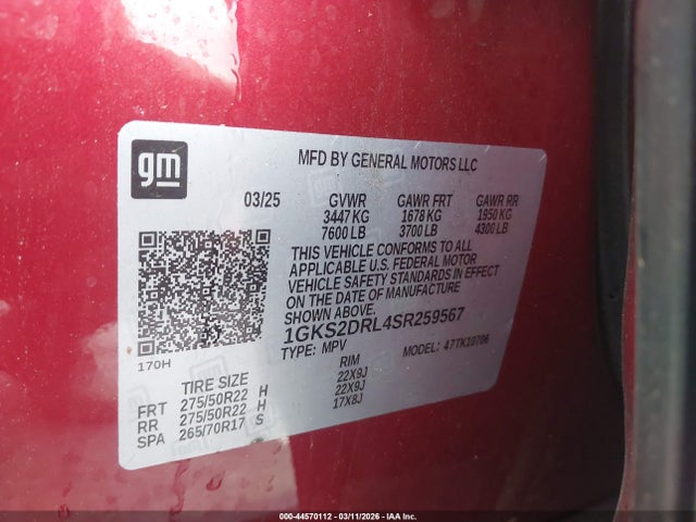 44570112 :رقم المزاد ، 1GKS2DRL4SR259567 vin ، 2025 Gmc Yukon 4wd Denali مزاد بيع