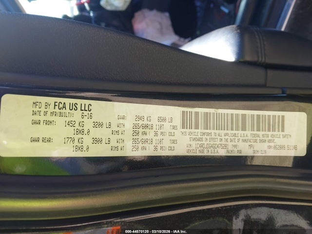 44570120 :رقم المزاد ، 1C4RDJDG4GC475281 vin ، 2016 Dodge Durango Limited مزاد بيع