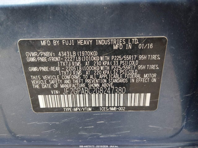 44570173 :رقم المزاد ، JF2GPABC2G8247380 vin ، 2016 Subaru Crosstrek 2.0i Premium مزاد بيع