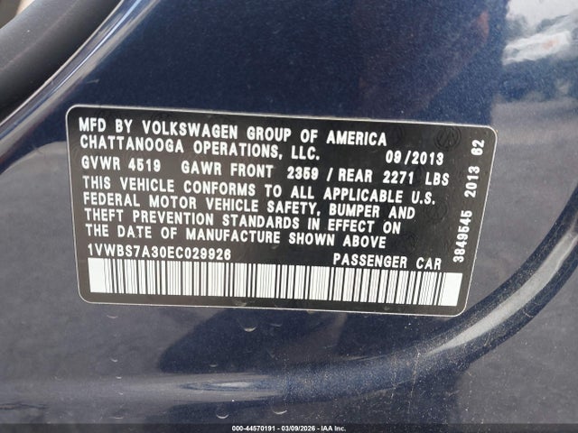 44570191 :رقم المزاد ، 1VWBS7A30EC029926 vin ، 2014 Volkswagen Passat 1.8t Se مزاد بيع