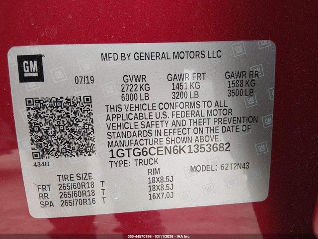 Aukcja sprzedaży 2019 Gmc Canyon Sle, vin: 1GTG6CEN6K1353682, numer aukcji: 44570196