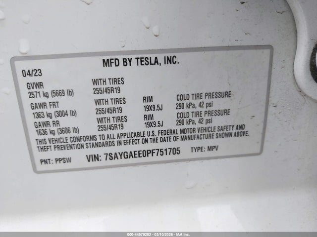 Продаж на аукціоні авто 2023 Tesla Model Y, vin: 7SAYGAEE0PF751705, номер лоту: 44570202