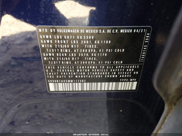 44570239 :رقم المزاد ، 3VV0B7AX5MM117382 vin ، 2021 Volkswagen Tiguan 2.0t S مزاد بيع