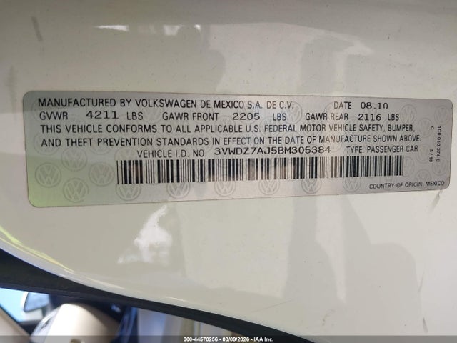 44570256 :رقم المزاد ، 3VWDZ7AJ5BM305384 vin ، 2011 Volkswagen Jetta 2.5l Se مزاد بيع