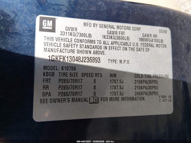 44570257 :رقم المزاد ، 1GKFK13048J236893 vin ، 2008 Gmc Yukon Slt مزاد بيع