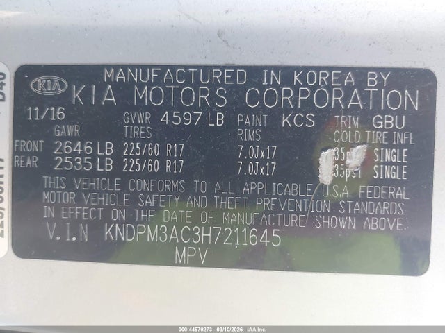 Aukcja sprzedaży 2017 Kia Sportage Lx, vin: KNDPM3AC3H7211645, numer aukcji: 44570273