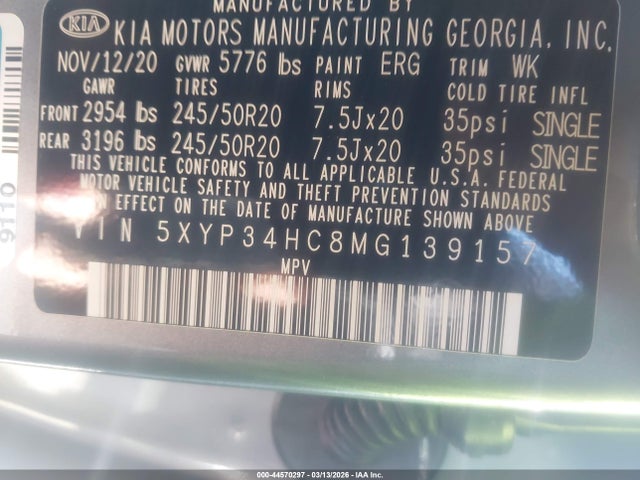 2021 Kia Telluride Ex მანქანა იყიდება აუქციონზე, vin: 5XYP34HC8MG139157, აუქციონის ნომერი: 44570297