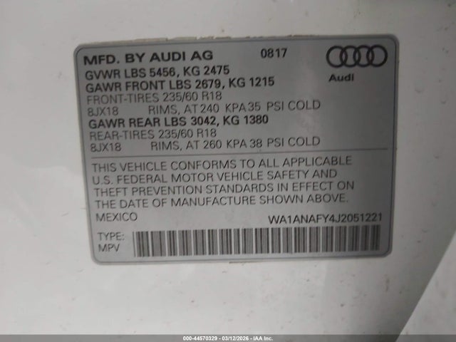 44570329 :رقم المزاد ، WA1ANAFY4J2051221 vin ، 2018 Audi Q5 2.0t Premium/2.0t Tech Premium مزاد بيع