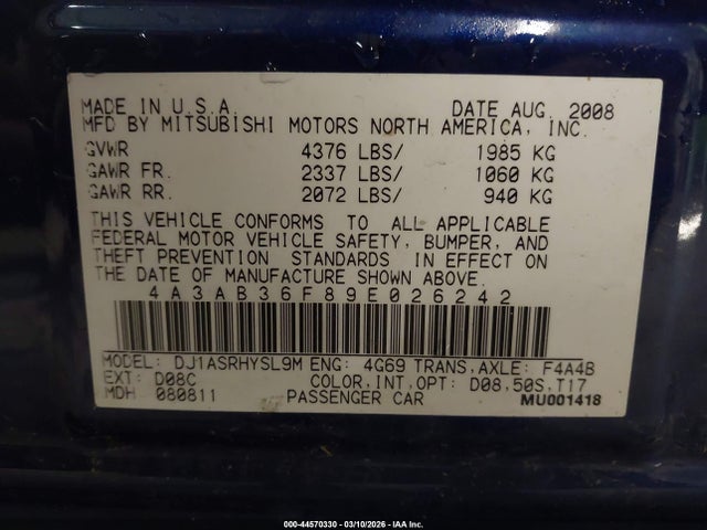 2009 MITSUBISHI GALANT 4A3AB36F89E026242 Photo 8
