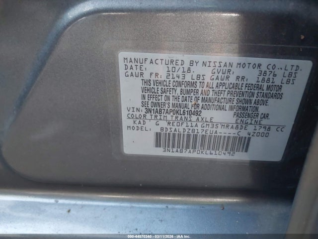 Продажа на аукционе авто 2019 Nissan Sentra Sv, vin: 3N1AB7AP0KL610492, номер лота: 44570340