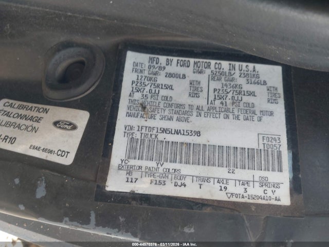 44570376 :رقم المزاد ، 1FTDF15N5LNA15398 vin ، 1990 Ford F150 مزاد بيع