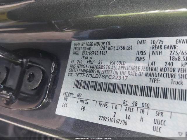 44570380 :رقم المزاد ، 1FTFW3LD7SFC22317 vin ، 2025 Ford F-150 Xlt مزاد بيع