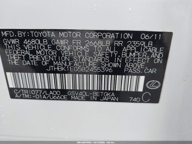 44570384 :رقم المزاد ، JTHBK1EG5B2455396 vin ، 2011 Lexus Es 350 مزاد بيع
