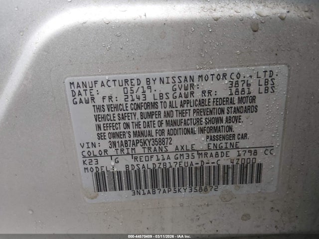 Aukcja sprzedaży 2019 Nissan Sentra Sv, vin: 3N1AB7AP5KY358872, numer aukcji: 44570409
