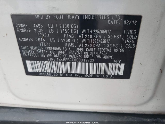 Aukcja sprzedaży 2016 Subaru Outback 2.5i Premium, vin: 4S4BSBCC0G3319732, numer aukcji: 44570410