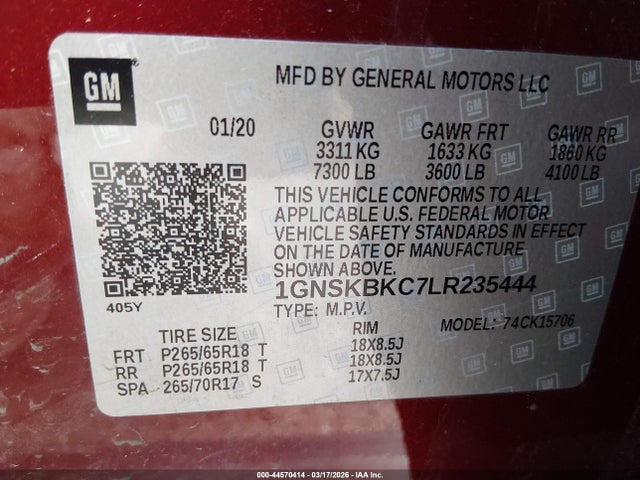 44570414 :رقم المزاد ، 1GNSKBKC7LR235444 vin ، 2020 Chevrolet Tahoe 4wd Lt مزاد بيع
