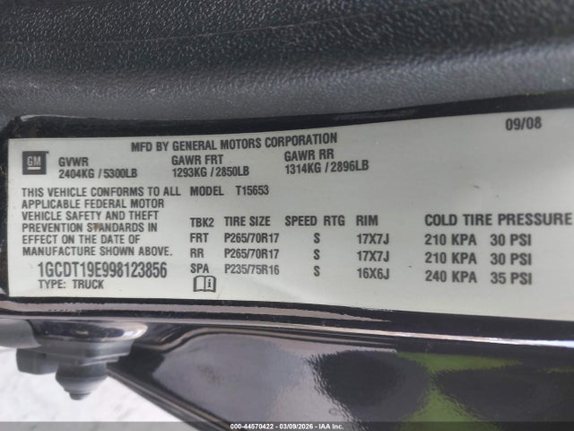 2009 Chevrolet Colorado Lt მანქანა იყიდება აუქციონზე, vin: 1GCDT19E998123856, აუქციონის ნომერი: 44570422