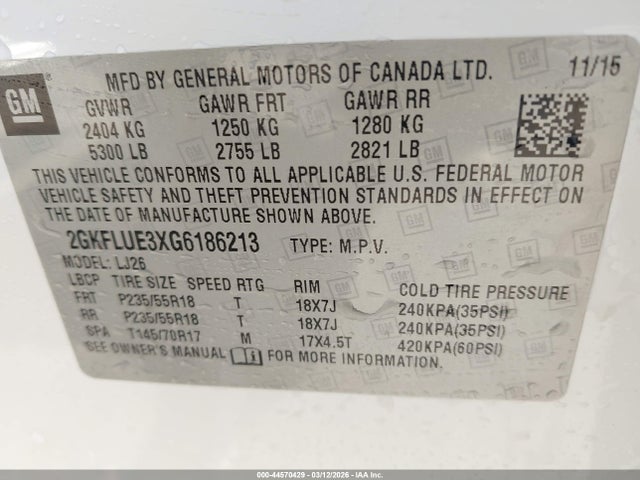 Aukcja sprzedaży 2016 Gmc Terrain Slt, vin: 2GKFLUE3XG6186213, numer aukcji: 44570429