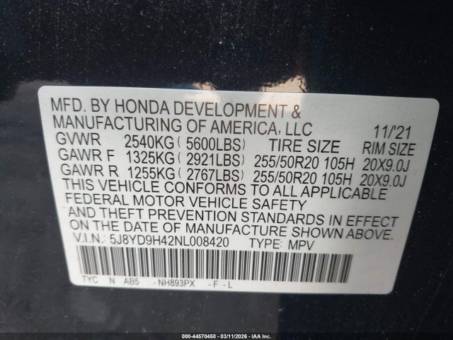 44570450 :رقم المزاد ، 5J8YD9H42NL008420 vin ، 2022 Acura Mdx Technology Package مزاد بيع