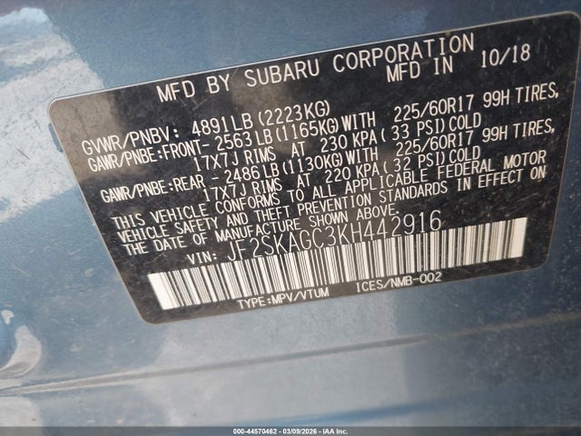 Продажа на аукционе авто 2019 Subaru Forester Premium, vin: JF2SKAGC3KH442916, номер лота: 44570462