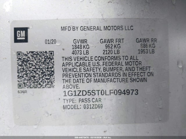 44570476 :رقم المزاد ، 1G1ZD5ST0LF094973 vin ، 2020 Chevrolet Malibu Fwd Lt مزاد بيع