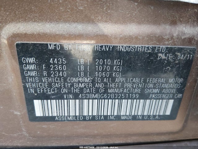 Aukcja sprzedaży 2011 Subaru Legacy 2.5i Premium, vin: 4S3BMBG62B3251199, numer aukcji: 44570486
