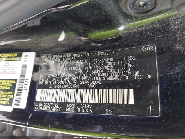 Auction sale of the 2008 Toyota Tundra Sr5 5.7l V8, vin: 5TFRV54138X064500, lot number: 44570492