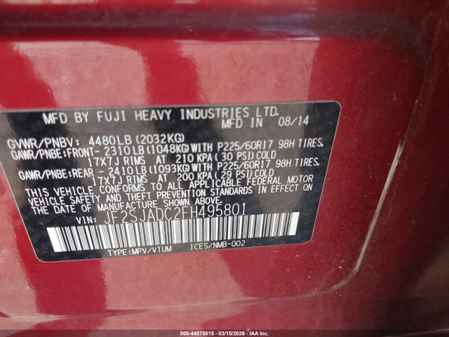 Aukcja sprzedaży 2015 Subaru Forester 2.5i Premium, vin: JF2SJADC2FH495801, numer aukcji: 44570515
