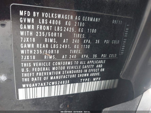 Продаж на аукціоні авто 2012 Volkswagen Tiguan Se, vin: WVGAV7AX7CW524835, номер лоту: 44570525