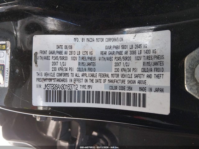 Aukcja sprzedaży 2008 Mazda Cx-9 Grand Touring, vin: JM3TB28AX80163712, numer aukcji: 44570532