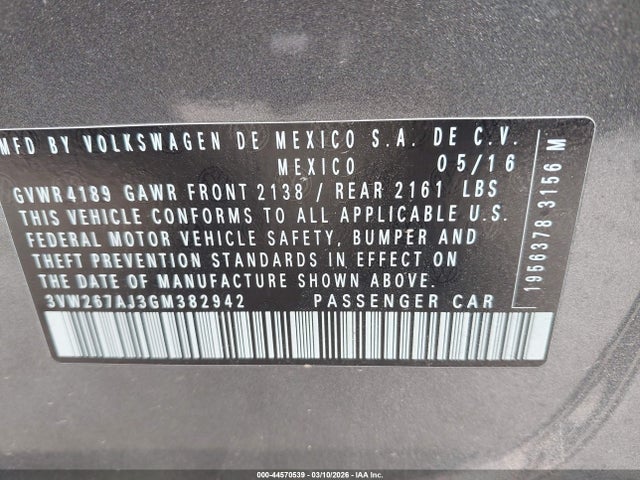 2016 Volkswagen Jetta 1.4t S მანქანა იყიდება აუქციონზე, vin: 3VW267AJ3GM382942, აუქციონის ნომერი: 44570539