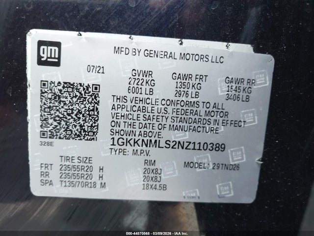 Aukcja sprzedaży 2022 Gmc Acadia Fwd Slt, vin: 1GKKNMLS2NZ110389, numer aukcji: 44570568