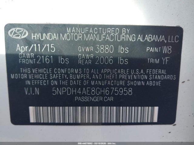 44570592 :رقم المزاد ، 5NPDH4AE8GH675958 vin ، 2016 Hyundai Elantra Value Edition مزاد بيع