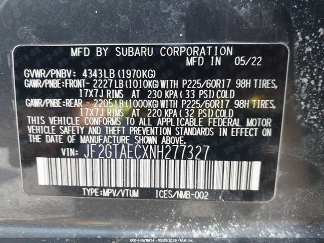 Aukcja sprzedaży 2022 Subaru Crosstrek Premium, vin: JF2GTAECXNH277327, numer aukcji: 44570614