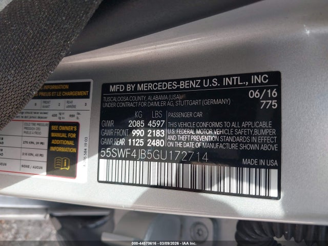 Aukcja sprzedaży 2016 Mercedes-benz C 300, vin: 55SWF4JB5GU172714, numer aukcji: 44570616