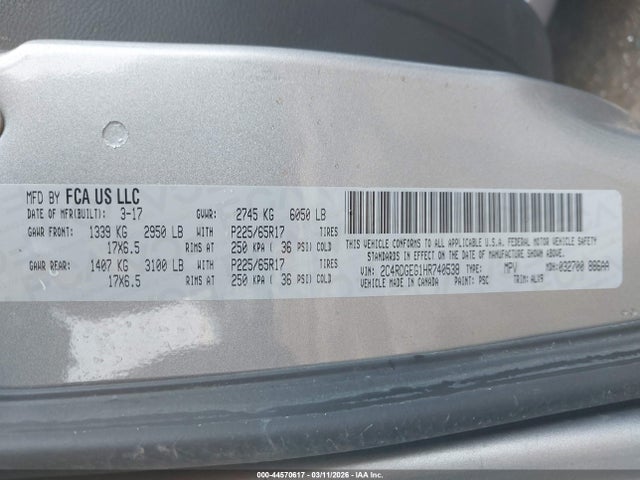 2017 Dodge Grand Caravan Gt მანქანა იყიდება აუქციონზე, vin: 2C4RDGEG1HR740538, აუქციონის ნომერი: 44570617
