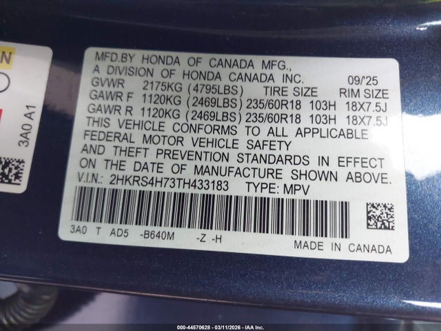 44570628 :رقم المزاد ، 2HKRS4H73TH433183 vin ، 2026 Honda Cr-v Ex-l Awd مزاد بيع