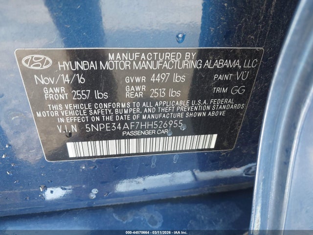 2017 Hyundai Sonata Sport მანქანა იყიდება აუქციონზე, vin: 5NPE34AF7HH526955, აუქციონის ნომერი: 44570664