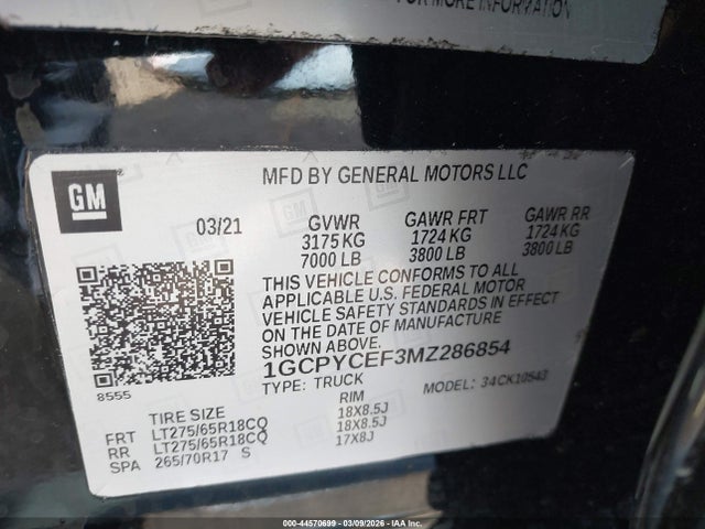 Продаж на аукціоні авто 2021 Chevrolet Silverado 1500 4wd  Short Bed Custom Trail Boss, vin: 1GCPYCEF3MZ286854, номер лоту: 44570699