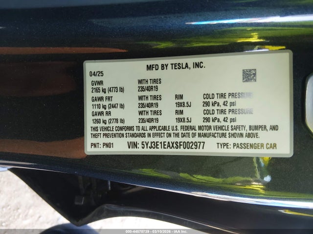 Aukcja sprzedaży 2025 Tesla Model 3, vin: 5YJ3E1EAXSF002977, numer aukcji: 44570739