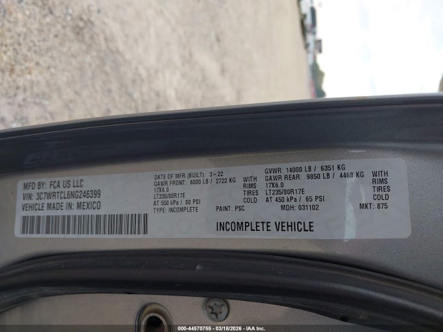 2022 Ram 3500 Chassis Tradesman/slt/laramie/limited მანქანა იყიდება აუქციონზე, vin: 3C7WRTCL6NG246399, აუქციონის ნომერი: 44570755