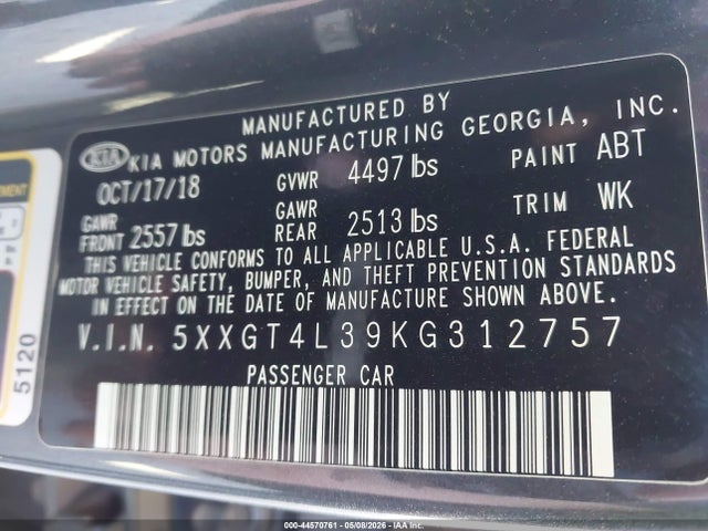 44570761 :رقم المزاد ، 5XXGT4L39KG312757 vin ، 2019 Kia Optima Lx مزاد بيع