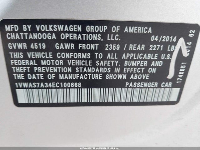 2014 VOLKSWAGEN PASSAT 1VWAS7A34EC100668 Photo 8