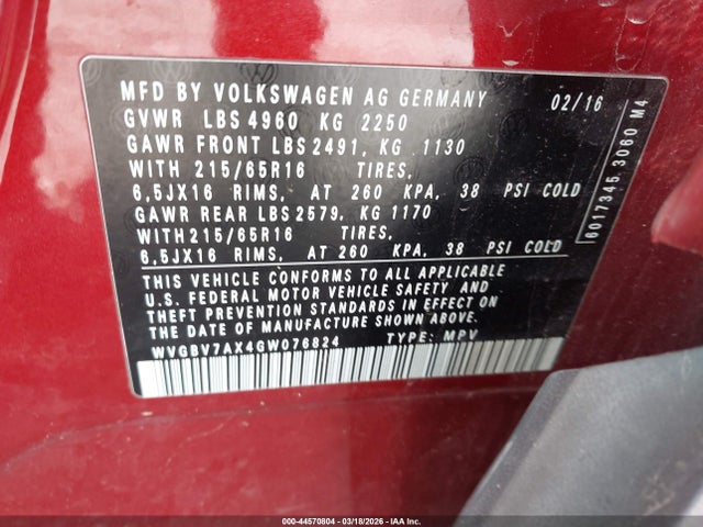 44570804 :رقم المزاد ، WVGBV7AX4GW076824 vin ، 2016 Volkswagen Tiguan S مزاد بيع