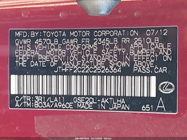 Aukcja sprzedaży 2012 Lexus Is 250c, vin: JTHFF2C22C2526364, numer aukcji: 44570823